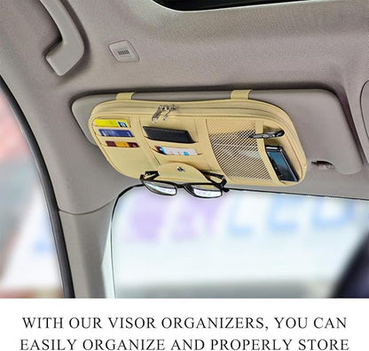 DXNQ Car Sun Visor Organizer, Double Zipper Leather Visor Storage Pouch with Multi-Pocket, Sunglass Holder Storage Pocket with Elastic Band for Cars SUVs Trucks, Car Accessories (Beige)
