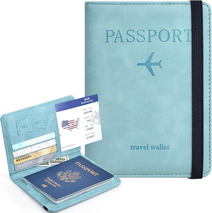 Passport Holder, Passport Cover with Credit Card Slot and Boarding Pass Slot Combo, Passport Wallet Case Book Travel Must Have, RFID Blocking Leather Travel Accessories, Sky Blue