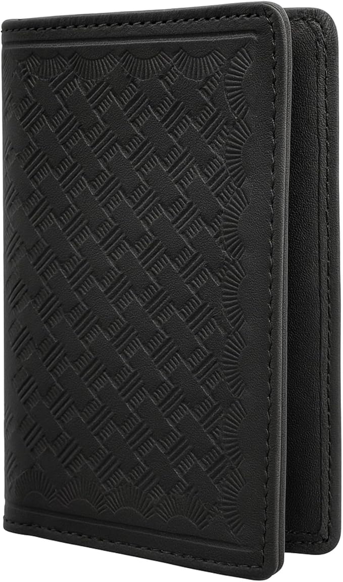 Leather Bifold Minimalist Double ID Card Credential Holder (Basketweave Black)