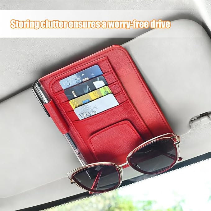 Car Sun Visor Organizer, PU Leather Vehicle Visor Document Storage Pocket for Sunglass Card Pen, Multifunctional Automotive Interior Holder Accessories, Universal Fit (Red)