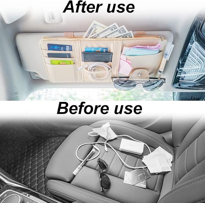Keedolla Car Sun Visor Organizer Auto Interior Accessories Pocket Organizer, Sunglasses Holder Car Truck Visor Storage Pouch for Cards, Pens and Document - Beige