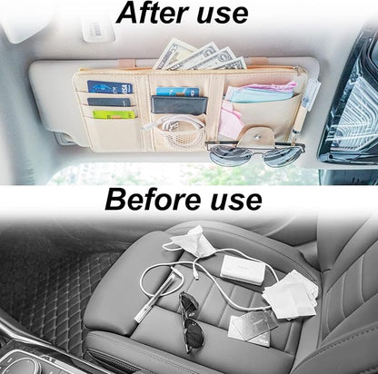 Keedolla Car Sun Visor Organizer Auto Interior Accessories Pocket Organizer, Sunglasses Holder Car Truck Visor Storage Pouch for Cards, Pens and Document - Beige