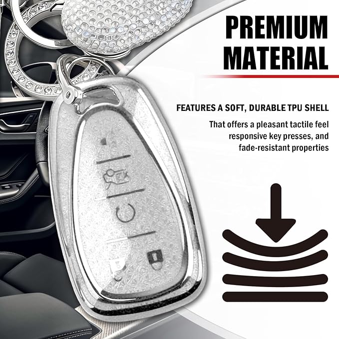 Compatible with Chevy Equinox Key Fob Covers,Stylish Car Key Cover with Bling Heart Keychain,5-Button Keys Fob Protector（White）