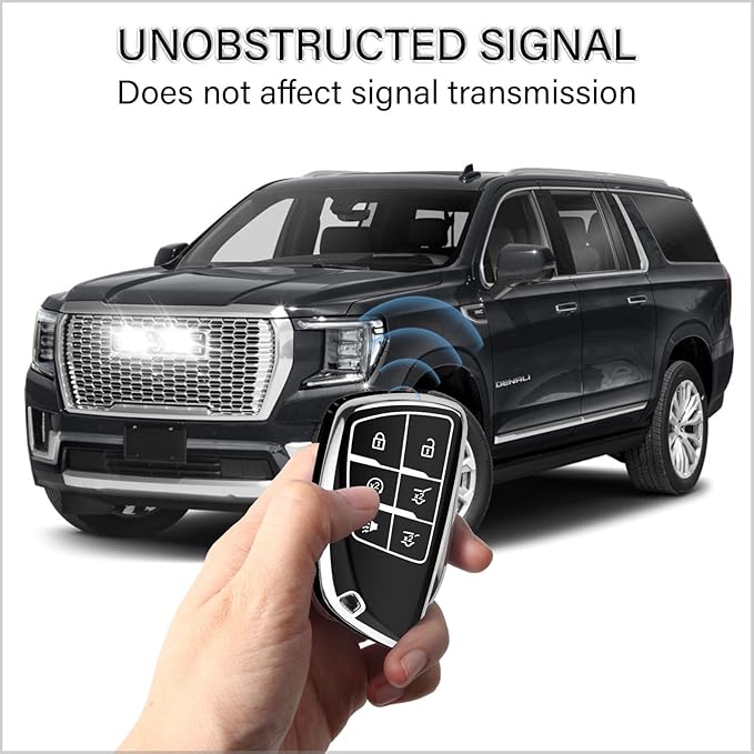 QBUC for Chevy Key Fob Cover with Keychain Soft TPU Protection Case Compatible with 2021-2026 Chevy Tahoe Suburban GMC Yukon Denali Silverado 6-Buttons(Chrome Trim Black)