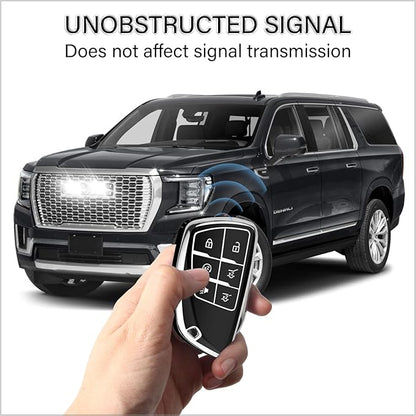 QBUC for Chevy Key Fob Cover with Keychain Soft TPU Protection Case Compatible with 2021-2026 Chevy Tahoe Suburban GMC Yukon Denali Silverado 6-Buttons(Chrome Trim Black)