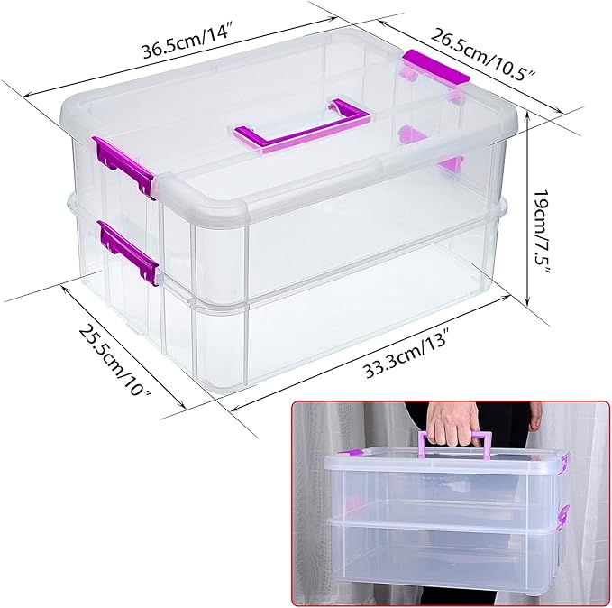 BTSKY 2 Layer Stack & Carry Box, Plastic Multipurpose Portable Storage Container Box Handled Organizer Storage Box for Organizing Stationery, Sewing, Art Craft, Jewelry and Beauty Supplies(Purple)