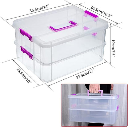 BTSKY 2 Layer Stack & Carry Box, Plastic Multipurpose Portable Storage Container Box Handled Organizer Storage Box for Organizing Stationery, Sewing, Art Craft, Jewelry and Beauty Supplies(Purple)