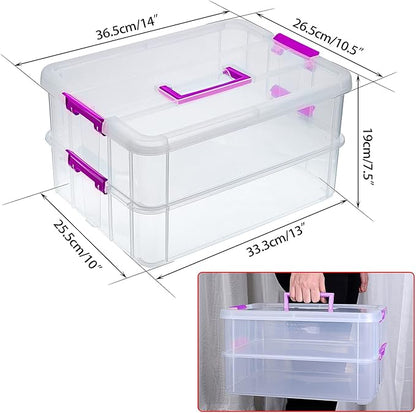 JUXYES 2-Tiers Stack Carry Storage Box With Handle, Transparent Stackable Storage Bin With Handle Lid Latching Storage Container for School & Office Supplies
