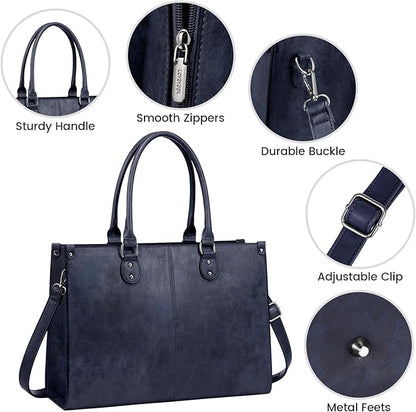 LOVEVOOK Laptop Tote Bag for Women, 15.6 Inch Large Capacity Vintage Leather Work Computer Bag, Business Casual Shoulder Handbag, Indigo Ink