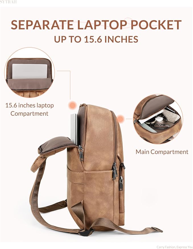 SYTRAH Leather Backpack for Women, Vintage 15.6 inch Laptop Backpack Purse for Women, College Casual Backpacks Ladies Computer Bags for Travel Business Work Camel