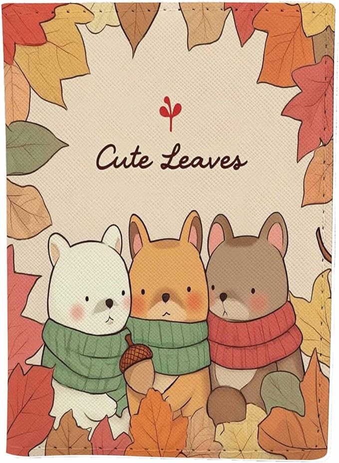 Autumn Passport Holder for Travel Maple Leaves Three Little Bears PU Leather Passport Cover Wallet Cute Passport Card Holder for Women and Men
