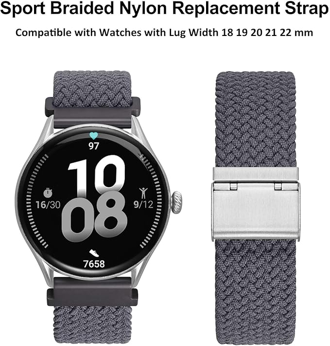 WOCCI 21mm Braided Nylon Watch Band for Men and Women, Quick Release, Silver Stainless Steel Buckle (Grey)