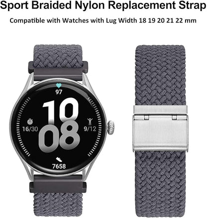 WOCCI 20mm Braided Nylon Watch Band for Men and Women, Quick Release, Silver Stainless Steel Buckle (Grey)