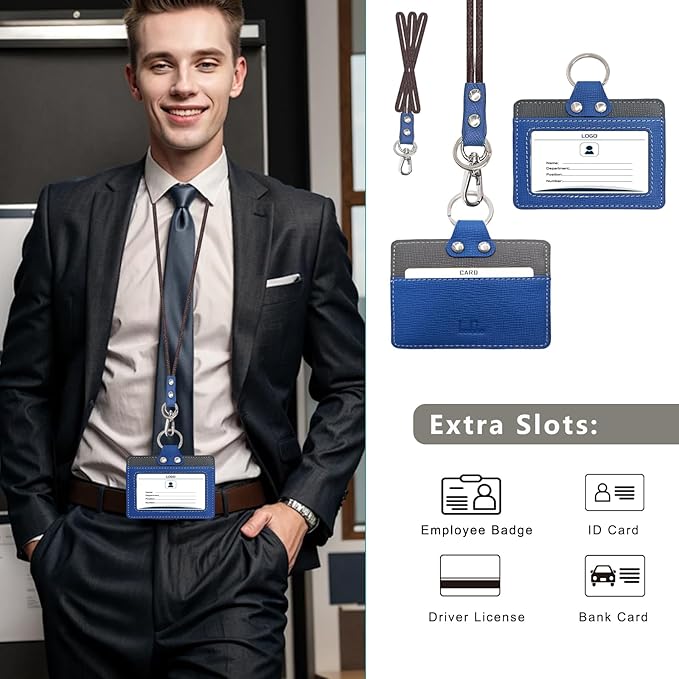 Badge Holder: Boshiho Cowhide Leather ID Badge Card Holder with 19" Neck Lanyard, Horizontal Style (Blue-Dark Gray)