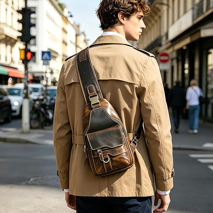 Genuine Leather Hiking Travel DayPack Sling Crossbody Triangle Chest Pack Bag For Men Women 8241 (8241 Brown)