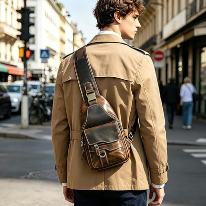 Genuine Leather Hiking Travel DayPack Sling Crossbody Triangle Chest Pack Bag For Men Women 8241 (8241 Brown)