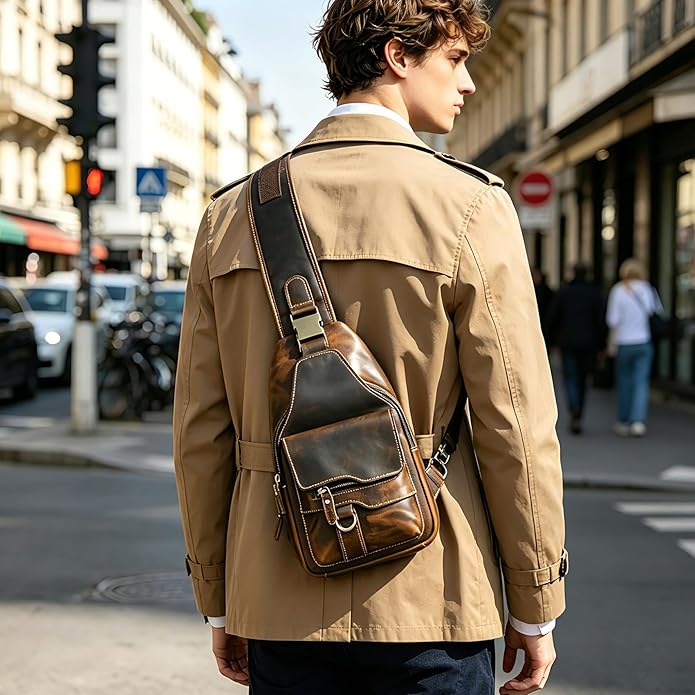 Thick Crazy horse Leather Triangle Crossbody Sling Chest Bag Travel One Shoulder Bag Daypack For Men Male 3028