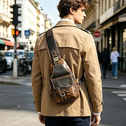 Thick Crazy horse Leather Triangle Crossbody Sling Chest Bag Travel One Shoulder Bag Daypack For Men Male 3028