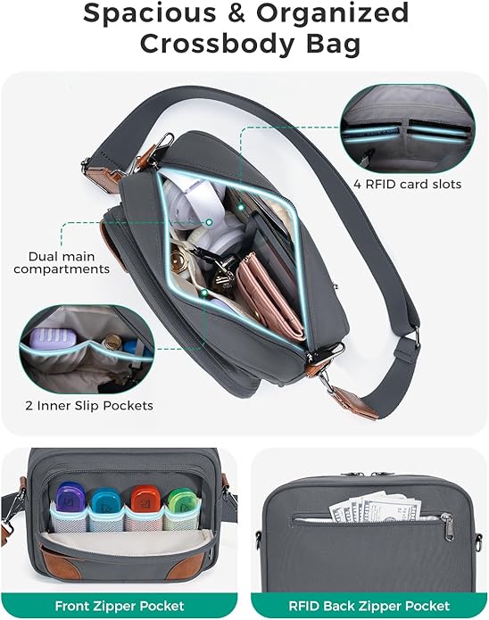 ECOHUB Crossbody Bag for Women Men, Multi Pocket Anti-Theft Travel Purse with RFID Blocking, Oxford PU Shoulder Bag