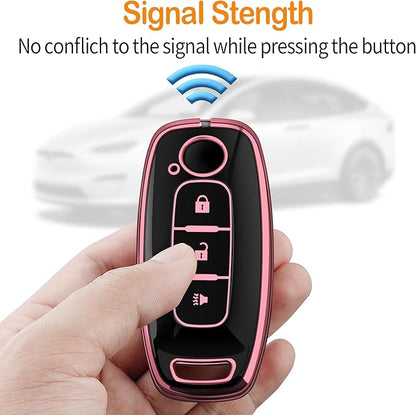 Sindeda for Nissan Key Fob Cover with Keychain Soft Full Protection Key Shell Key Case Compatible with 2023 2024 2025 Pathfinder Kicks Rouge(Pink, 3 Buttons)
