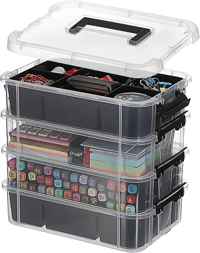 JUXYES 4-Tiers Stack Carry Storage Box With 2 Divided Tray, Transparent Stackable Storage Bin With Handle Lid Latching Storage Container for School & Office Supplies, Black