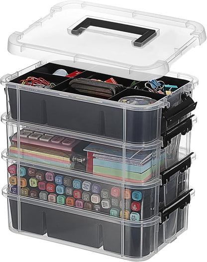 JUXYES 4-Tiers Stack Carry Storage Box With 2 Divided Tray, Transparent Stackable Storage Bin With Handle Lid Latching Storage Container for School & Office Supplies, Black