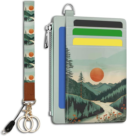 Hancynir Slim Wallet Women Credit Card Holder, Mountain Tree Sunset RFID Blocking Front Pocket Wallet Wristlet Keychain Lanyard Small Cute Thin Travel Zipper Coin PU Leather Card Case Organizer Gifts