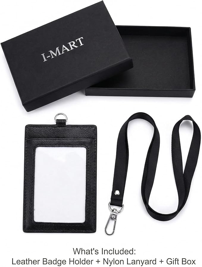 I-MART Genuine Leather Badge Holder with Lanyard – Vertical ID Badge Holder for Nurse, Office, Teacher | Cowhide, 3 Card Slots, Black, Gift Box