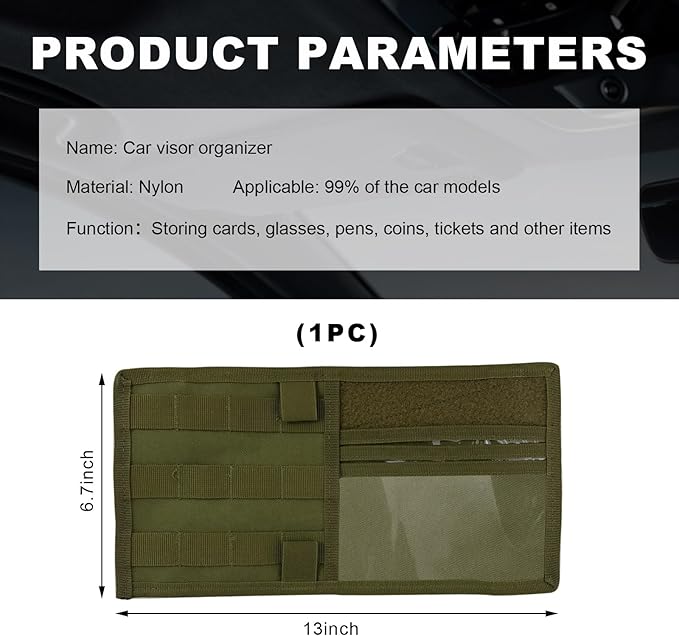 povtii Car Sun Visor Organizer, Tactical Nylon Vehicle Visor Panel Storage Holder Pouch Bag, Molle Multifunctional Sunshade Pocket for Pen Card Sunglasses, Car Accessories (Green)