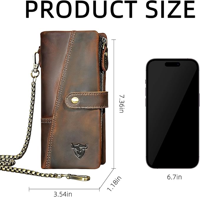 Genuine Crazy Horse Leather Travel Gift Coin Pocket Card Case Long Organizer Chain Rfid Wallet Purse With Snap For Men Male 1803 1815 (1803 Brown)