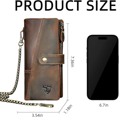 Genuine Crazy Horse Leather Travel Gift Coin Pocket Card Case Long Organizer Chain Rfid Wallet Purse With Snap For Men Male 1803 1815 (1803 Brown)