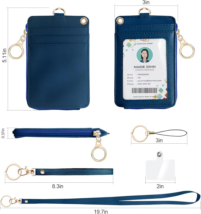 Bolimoss 2-in-1 Badge & Lanyard Wallet - Multiple Slot Leather ID Holder with Wristlet & Neck Lanyard for Cruise Ship, Credit Cards, Office/School ID, Work Name Cards - Navy Blue