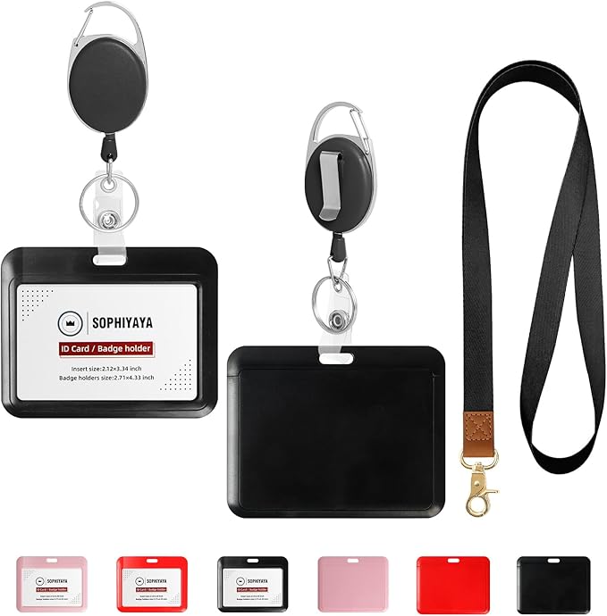 Badge Holder and Retractable Reel with Lanyard, Hard Plastic Key Card Work Badge Sleeve for Office School Factory Teacher Women Men (Black, Horizontal)