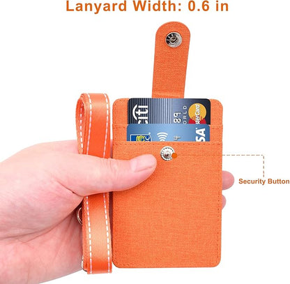 Life-Mate Badge Holder - Leather ID Badge Card Holder Wallet Case with 3 Cards Slot and Neck Lanyard/Strap. Additional Retractable Badge Reel with Belt Clip (Orange, Linen Finish)