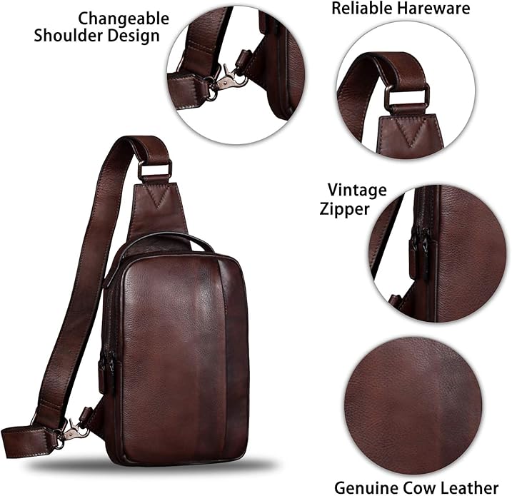 Genuine Leather Sling Bag for Men and Women Vintage Real Leather Sling Backpack Shoulder Crossbody Bags Chest Purse
