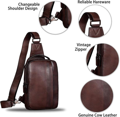 Genuine Leather Sling Bag for Men and Women Vintage Real Leather Sling Backpack Shoulder Crossbody Bags Chest Purse