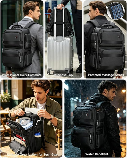 Work Laptop Backpack for Men 17in, USB-C Port Carry On Backpack with Patented Adjustable Straps, TSA Dual Laptop Compartments Backpack Travel, Waterproof Business Backpack for Professional, Black