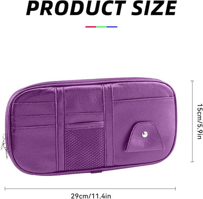 Car Sun Visor Organizer, Multi-Pocket PU Leather Sunglass Holder and Storage Pocket with Net Zipper, Card Sleeve Pocket Organizer, Auto Interior Accessories for Vehicle, Truck, SUV (Purple)