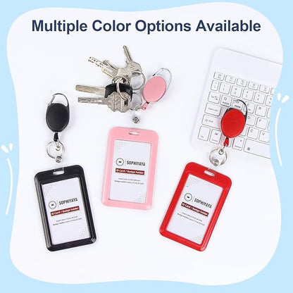 ID Badge Holder with Clip Badge Reels Retractable Heavy Duty Id Card with Carabiner Badge Reel with 24 inches Pull Cord for Office, School, Factory, Teacher (Pink, Vertical)