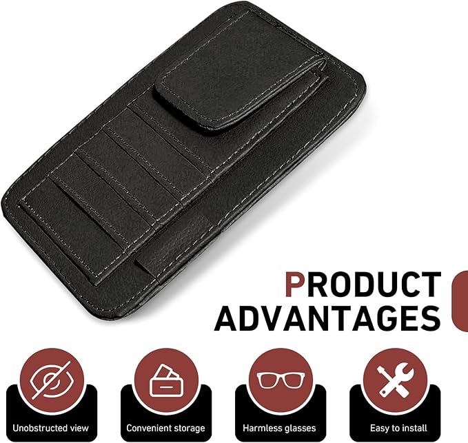 Small Leather Car Sun Visor Organizer, 4.9" x 6.1" Multifunctional Strap-On Document Sunshade Storage Holder for Card Pen Sunglasses License, Universal for Most Cars Trucks SUVs (Black)