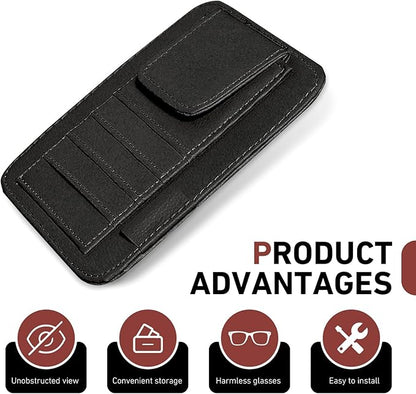Small Leather Car Sun Visor Organizer, 4.9" x 6.1" Multifunctional Strap-On Document Sunshade Storage Holder for Card Pen Sunglasses License, Universal for Most Cars Trucks SUVs (Black)