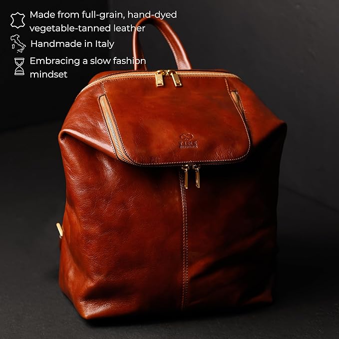 Time Resistance Leather Backpack - Unisex Business Rucksack Laptop Bag for Bag and Women (Cognac Brown)