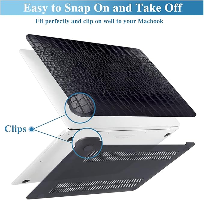 KEROM Compatible with Crocodile MacBook Pro 13 Inch Case 2026 2022-2016 M2 M1 A2338 A2289 A2251 A2159 A1989 A1706 A1708, Textured Aligator Skin Snakeskin PU Leather Hardshell & Keyboard Cover, Black