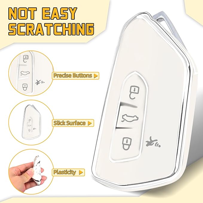 FT FUNTOR Key Fob Cover for Volkswagen,Soft TPU Full Protection Case Compatibale With VW Golf GTI Atlas Skoda Octavia ID3 ID4 MK8 (White, 4 Buttons)