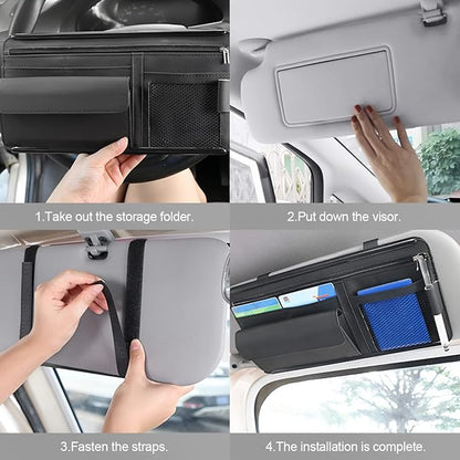 Car Sun Visor Organizer, Car Visor Pocket Wallet Pouch Holder, Vehicle Sunshade Glasses Case Storage Bag with Multi-Pocket Net Zipper, Auto Interior Accessories Universal for SUV Truck Van (Brown)