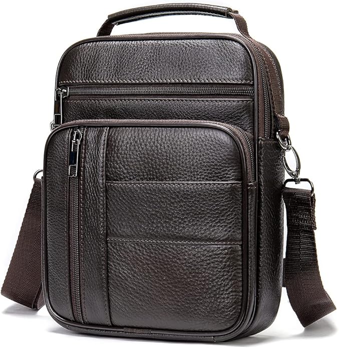 Hebetag Small Leather Sling Shoulder Bag Messenger Pack for Men Women Outdoor Travel Business