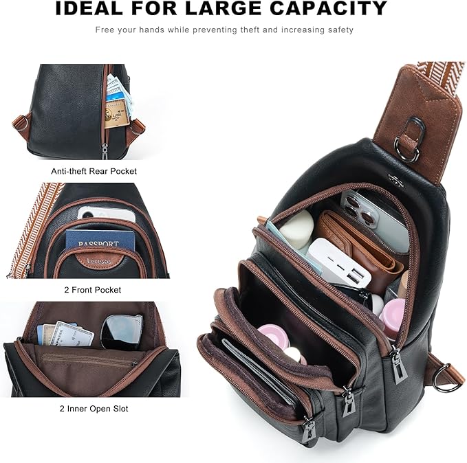 Leresas 10L Crossbody Sling Bag for Women Men Anti Theft Cross Body Fanny Pack Belt Bag Purse Gifts for Women Faux Leather, Black Brown