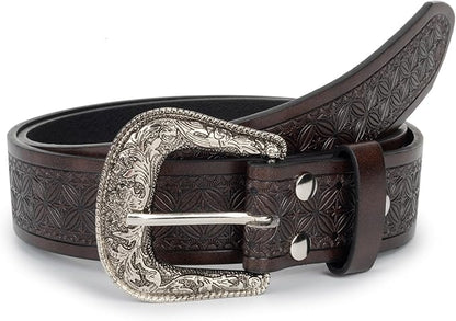 Utaly Men's Casual Leather-Belt, Western-Belt for Women Vintage Carved-Buckle Cowboy-Waist-Belts for Jeans Waist 28"-39"