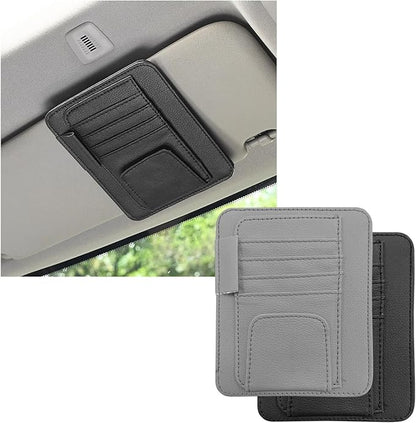 Dickno 2PCS Small Leather Car Sun Visor Organizer, Multifunctional Auto Visor Document Holder with Sunglasses Clip, Universal Car Interior Organizer for Drving License, Card, Pen (Black+Gray)