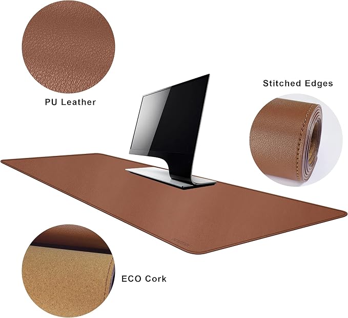 MAIDERN 55" x 24" Cork & Leather Desk Pad, Large XXL Mat, Full Mouse Pad, Dual Sided Protector for Gaming Home Office (Brown)
